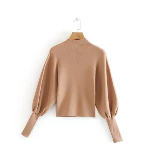 Pull Col Montant Beige Femme Manches Amples