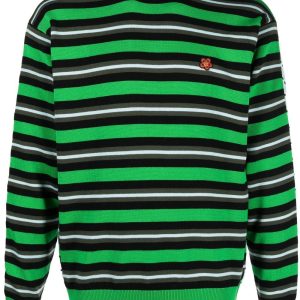 Kenzo Pull rayé vert à fleurs brodées
