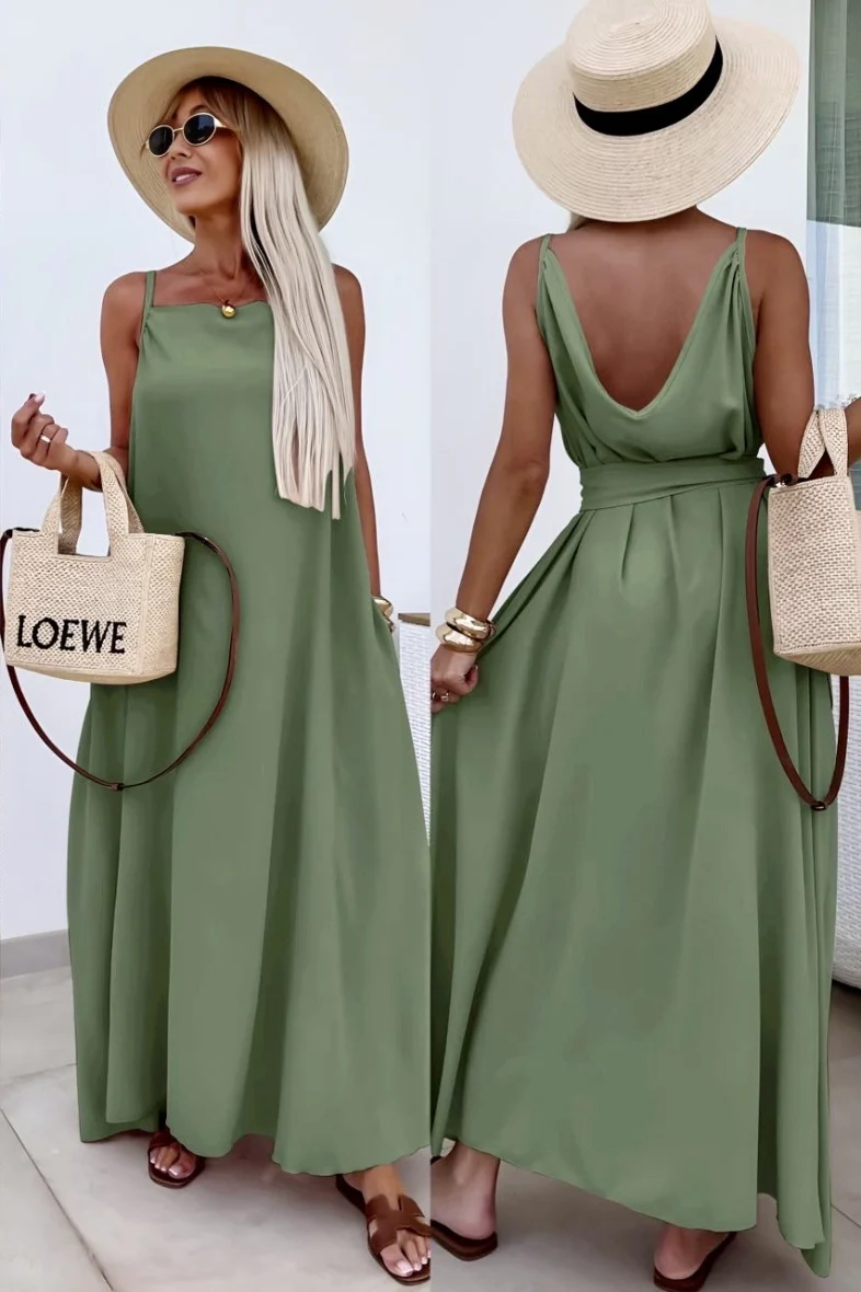 Longue robe avec poches dos en V à bretelles – Image 2
