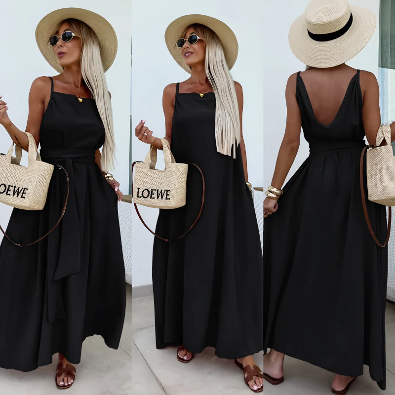 Longue robe avec poches dos en V à bretelles – Image 3