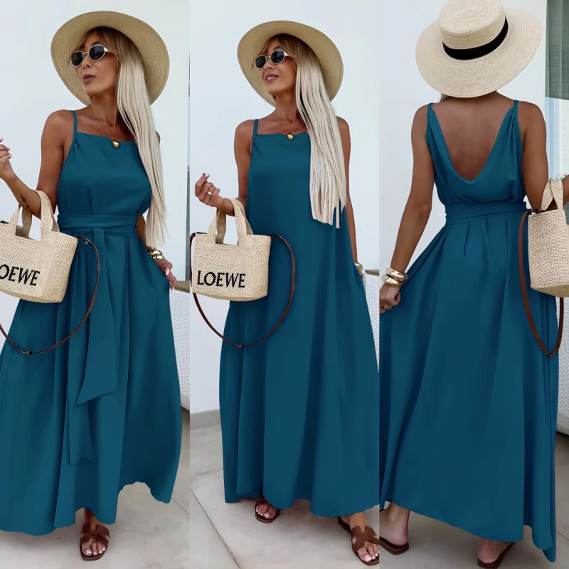 Longue robe avec poches dos en V à bretelles – Image 4