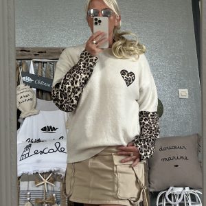 Pull cœur léopard ecru