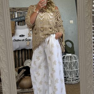 Pantalon fluide blanc doré