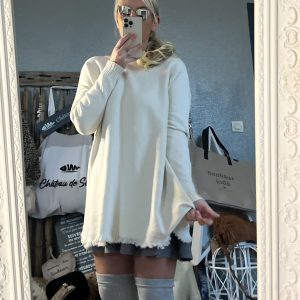 Pull oversize frangé écru
