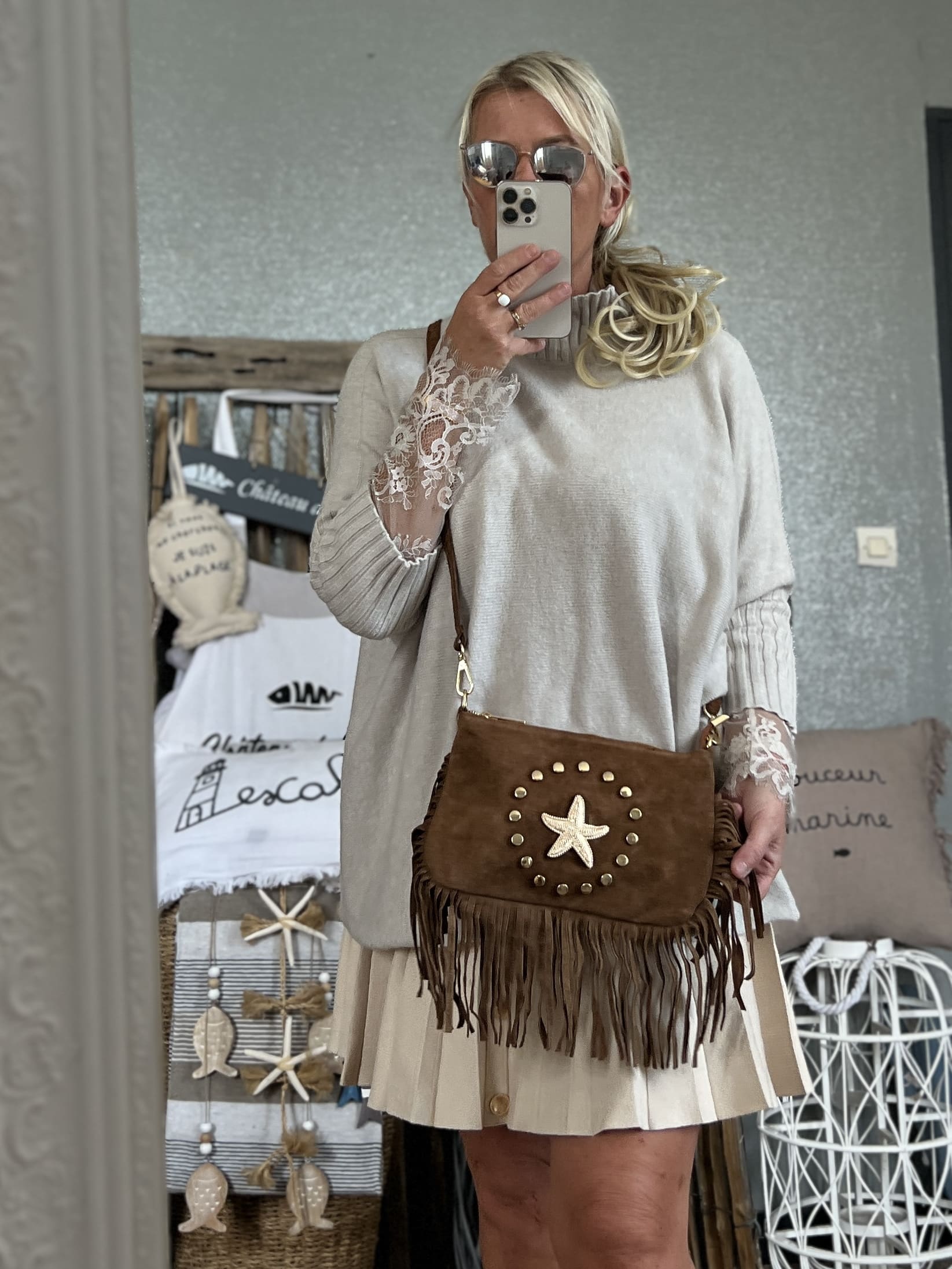 Pochette cuir frangée choco – Image 5