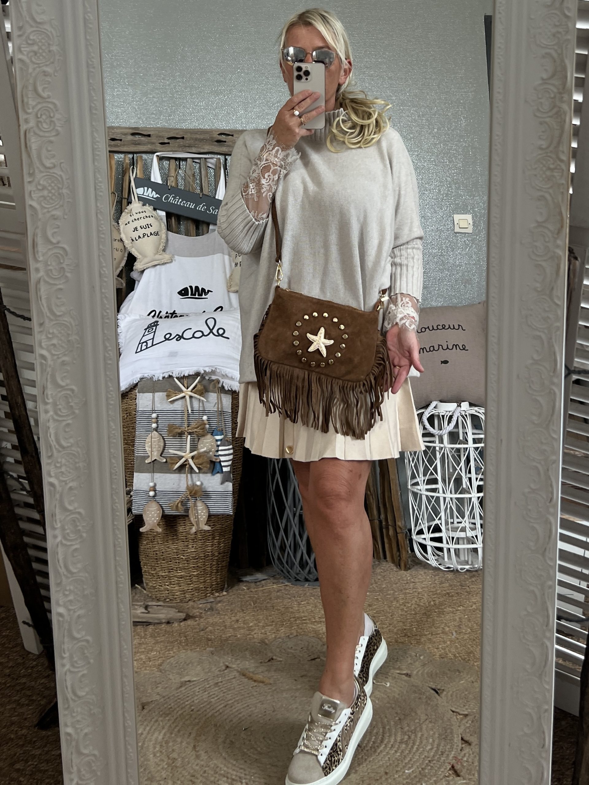 Pochette cuir frangée choco