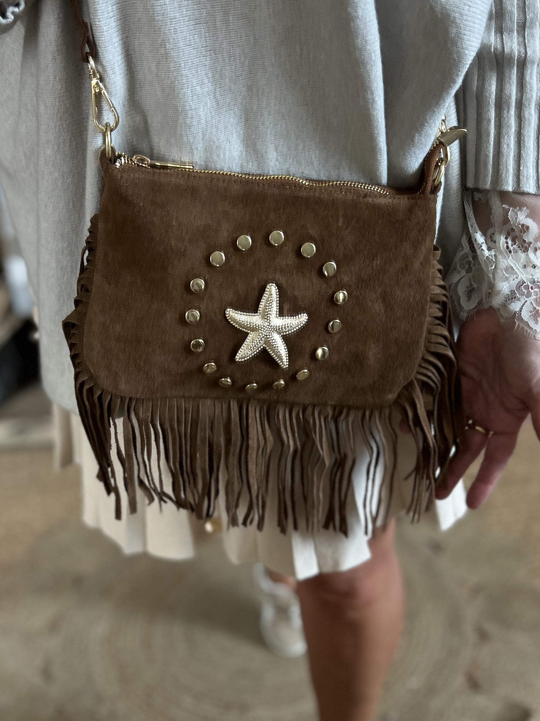 Pochette cuir frangée choco – Image 3