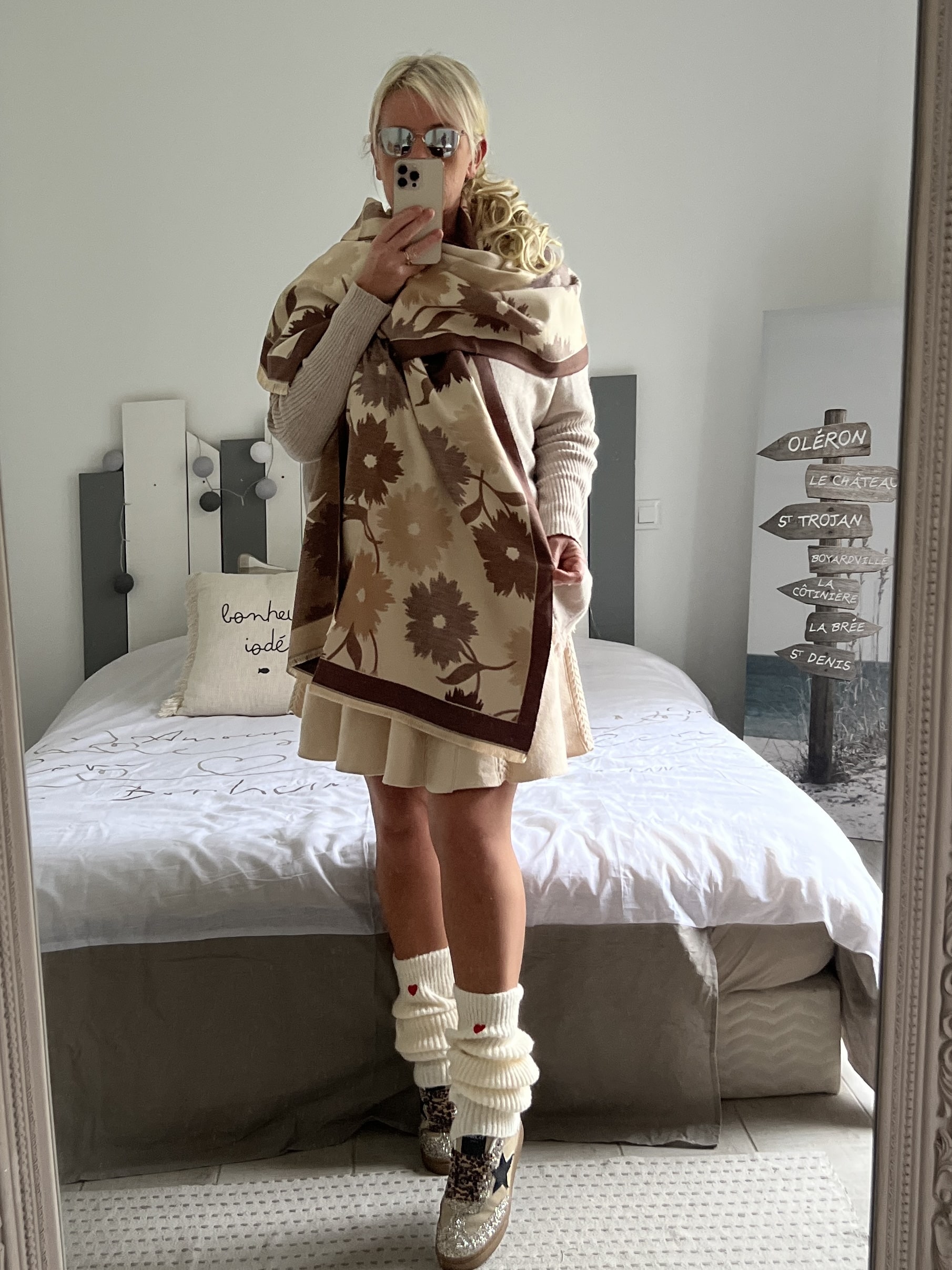 Châle écharpe taupe écru