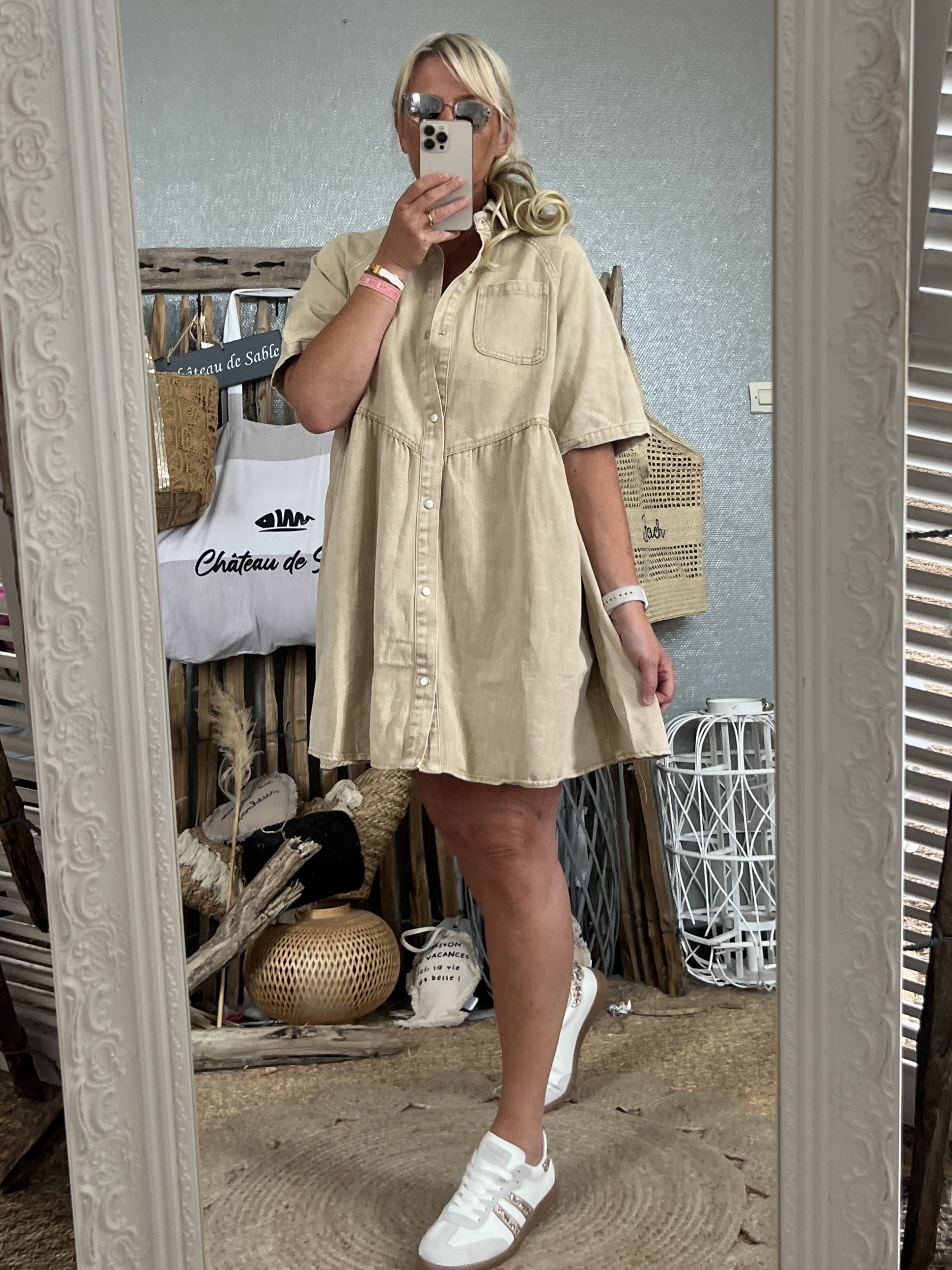 Robe jean rose beige délavé Oversize