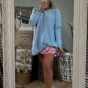 Pull oversize frangé bleu