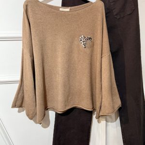 Pull mini cœurs léopard caramel