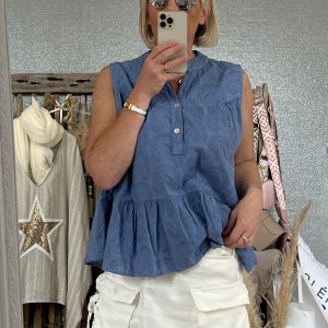 Top broderie bleu jean