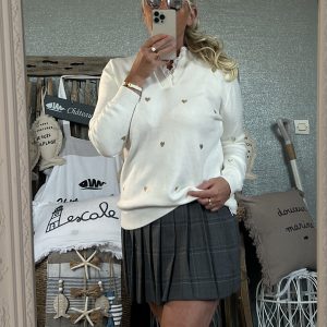 Pull blanc petits cœurs dorés