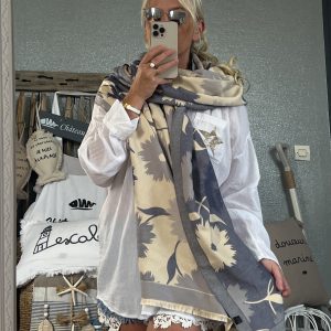 Châle écharpe bleu écru