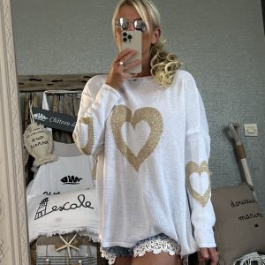 Pull blanc cœur lurex