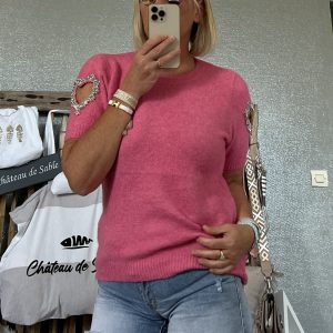 Pull cœur strass rose