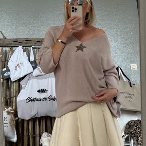 Pull oversize star taupe clair