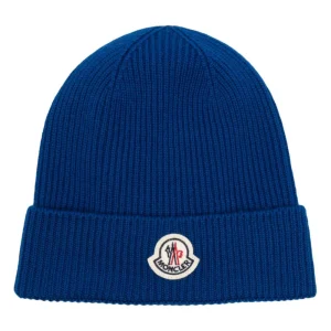 MONCLER - Bonnet en maille nervurée à patch logo Bleu klein