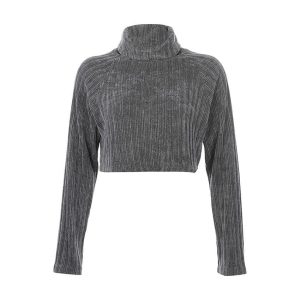 Pull Col Roulé Crop Top Gris