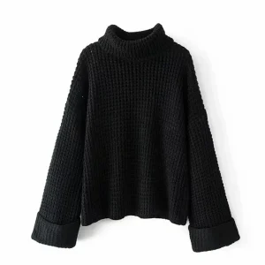 Pull Col Roulé Large Femme Noir