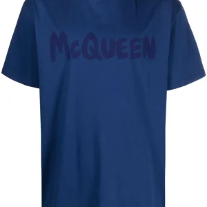 Alexander Mc Queen - T-shirt bleu en coton à logo imprimé