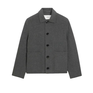 AMI - Blouson Gris Boule Boutonné en Laine Gris Chiné