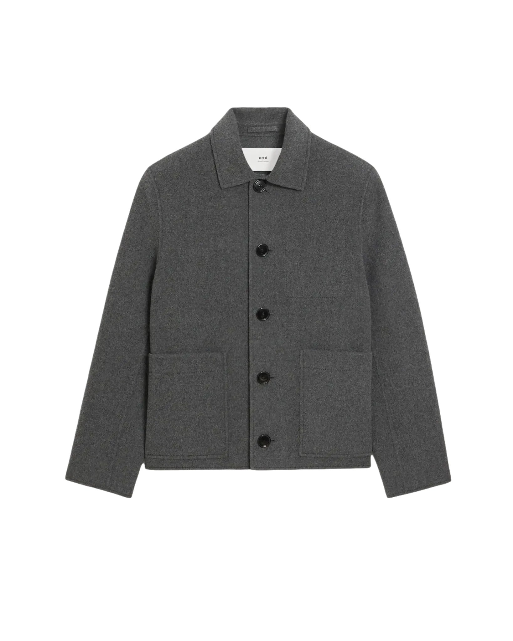 AMI - Blouson Gris Boule Boutonné en Laine Gris Chiné