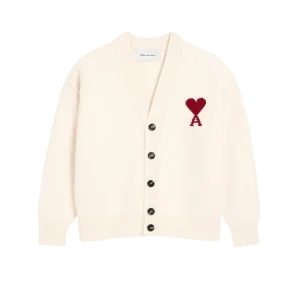 AMI PARIS - Cardigan in Felted Merino Wool Knit Blanc cassé