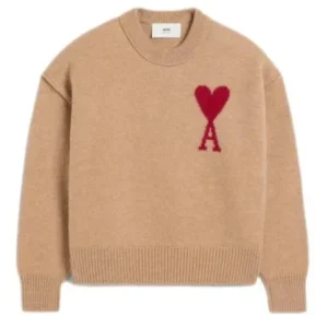 Ami Paris- Pull Ami de Coeur mérinos camel/rouge