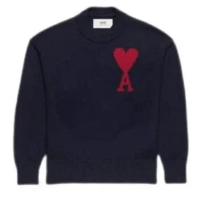 Ami Paris- Pull Ami de Coeur mérinos marine/rouge