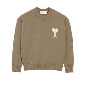 AMI PARIS - Pull Col Rond Ami De Coeur en Laine Et Coton Beige taupe