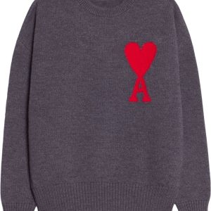 AMI Paris - Pull en laine Mérinos Gris Ami de Coeur