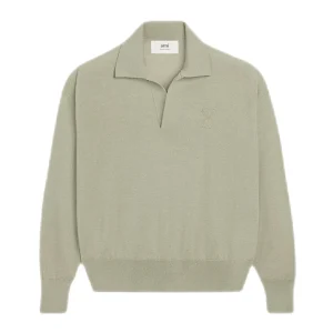 AMI Paris - Pull Polo Sauge chiné Broderie Ami de Coeur
