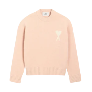 AMI PARIS - Pull Rose Col Rond Ami De Cœur En Alpaga Poudre/Écru
