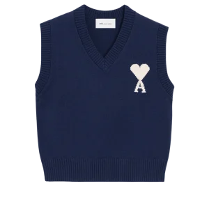 AMI PARIS - Pull sans Manches Ami de Coeur en Laine et Coton Bleu