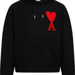 Ami Paris Sweat à capuche Noir Ami de Coeur rouge en laine