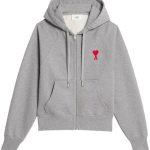 AMI Paris - Sweat à capuche zippé grey Broderie Ami De Cœur