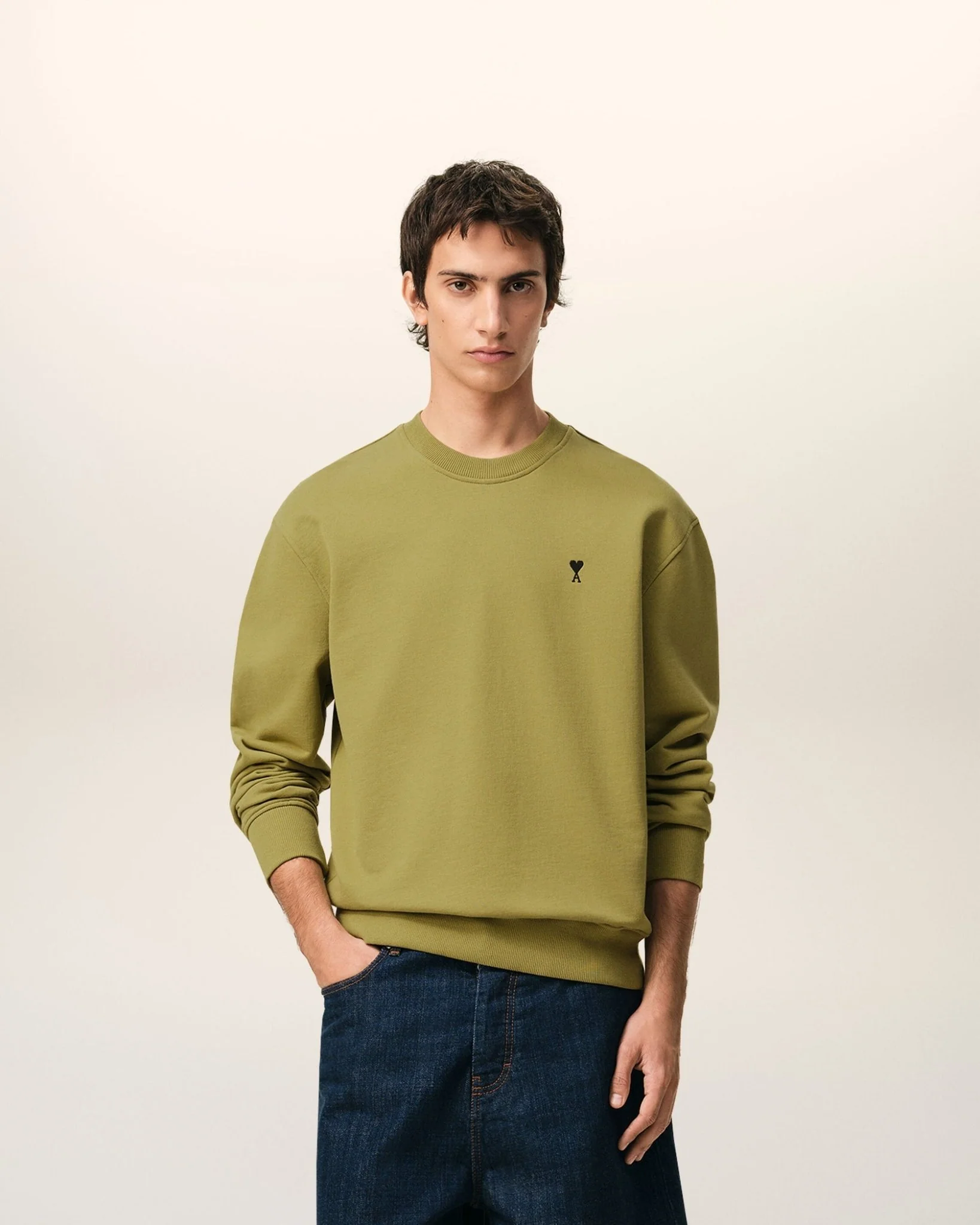 AMI PARIS - Sweatshirt in Loopback Cotton Fleece Vert olive – Image 3