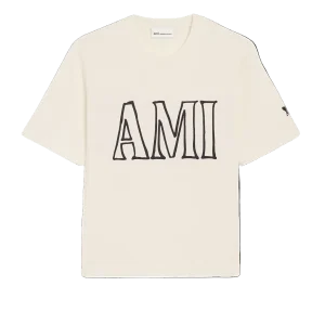 AMI PARIS - T-shirt en Coton Imprimé Ami Paris Blanc Crème