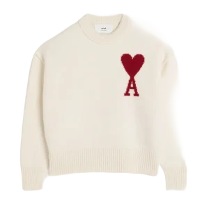 AMI - Pull blanc ami de cœur en lain écru/rouge