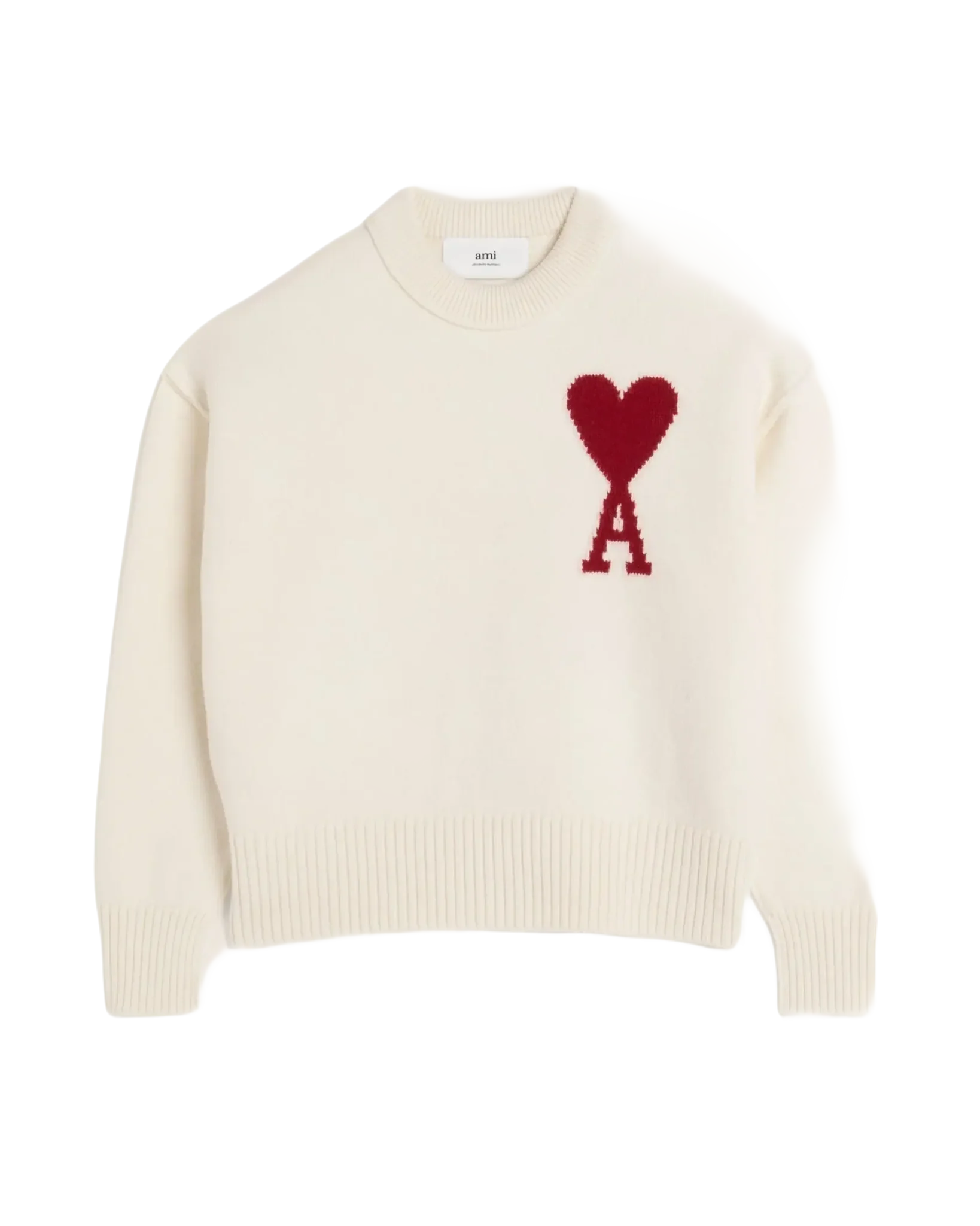 AMI - Pull blanc ami de cœur en lain écru/rouge – Image 2