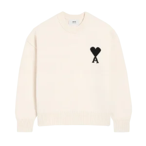AMI - Pull blanc col rond ami de cœur en laine écru/noir