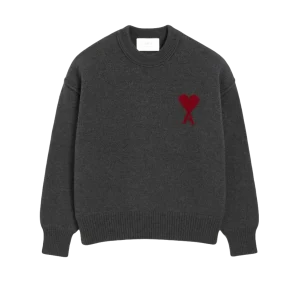 AMI - Pull Gris Col Rond Ami De Cœur En Laine Gris Chiné/Rouge