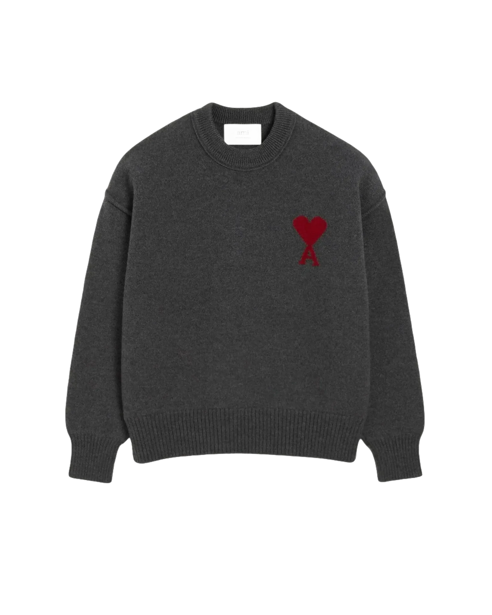 AMI - Pull Gris Col Rond Ami De Cœur En Laine Gris Chiné/Rouge
