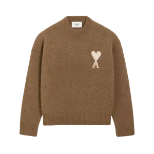 AMI - Pull marron col rond ami de cœur en alpaga