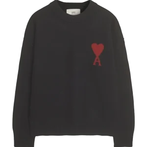AMI - Pull Noir Col Rond Ami De Cœur En Laine