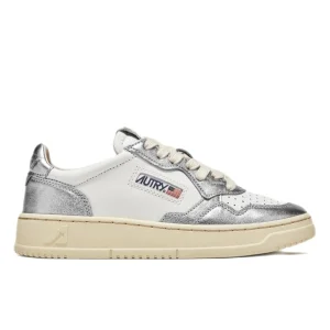 AUTRY - Basket basse cuir blanc et argent métallisé