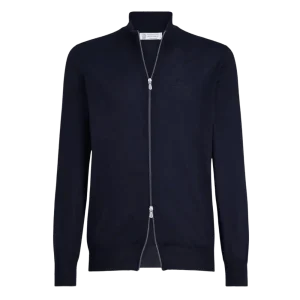 BRUNELLO CUCINELLI - Cardigan léger en cachemire et soie à zip Bleu marine