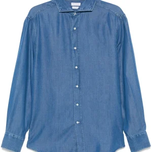 BRUNELLO CUCINELLI - chemise à col italien en denim bleu