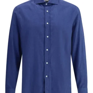 BRUNELLO CUCINELLI - Chemise coupe slim en flanelle de coton extensible motif chevrons à col français bleu